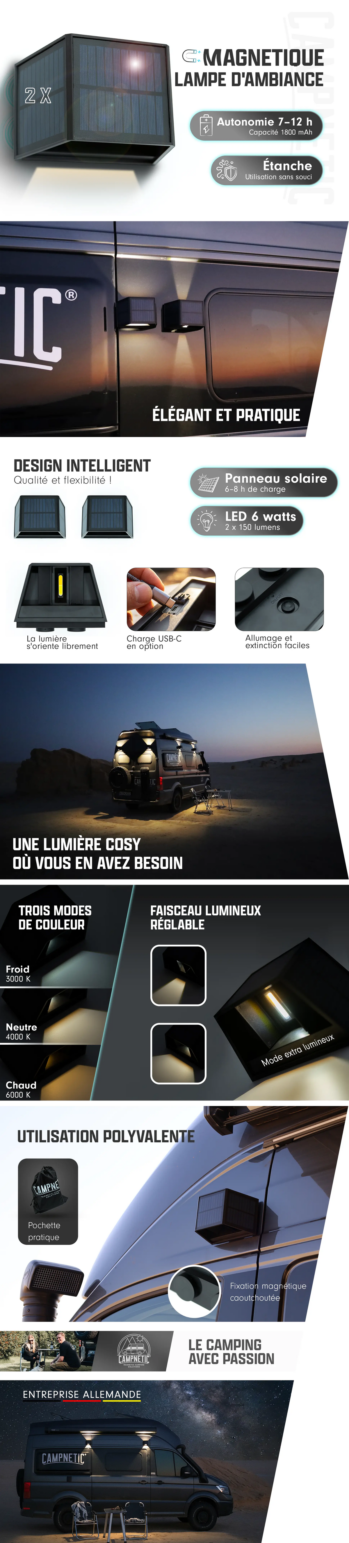 Éclairage d'ambiance LED solaire avec fixation magnétique - lot de 2