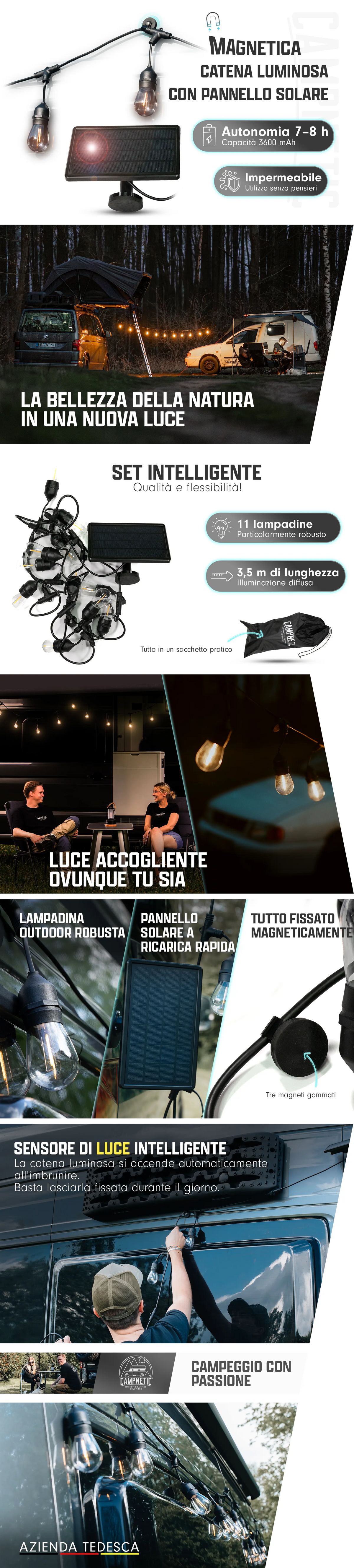 Catena luminosa magnetica da campeggio con pannello solare