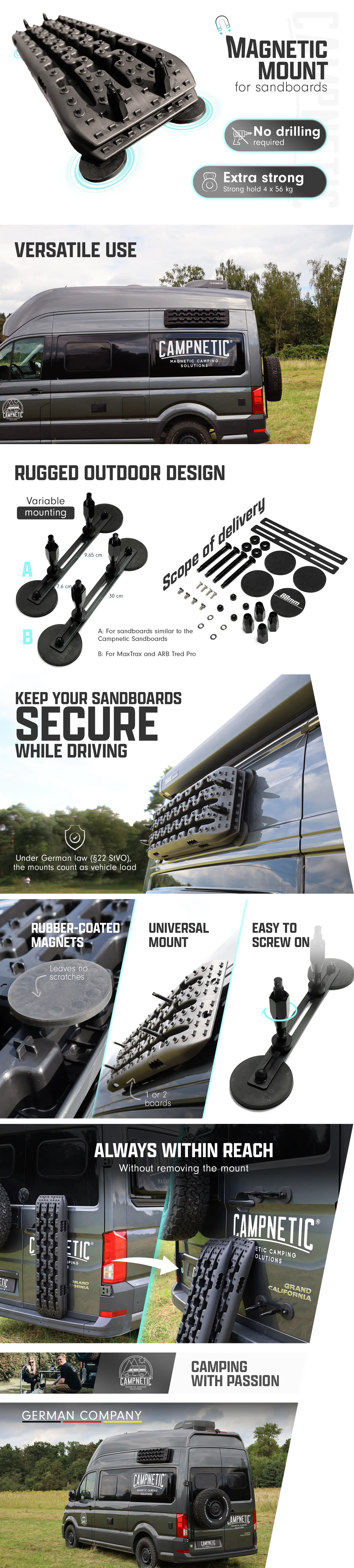 Sandboards, including a universal magnetic mount and safety strap