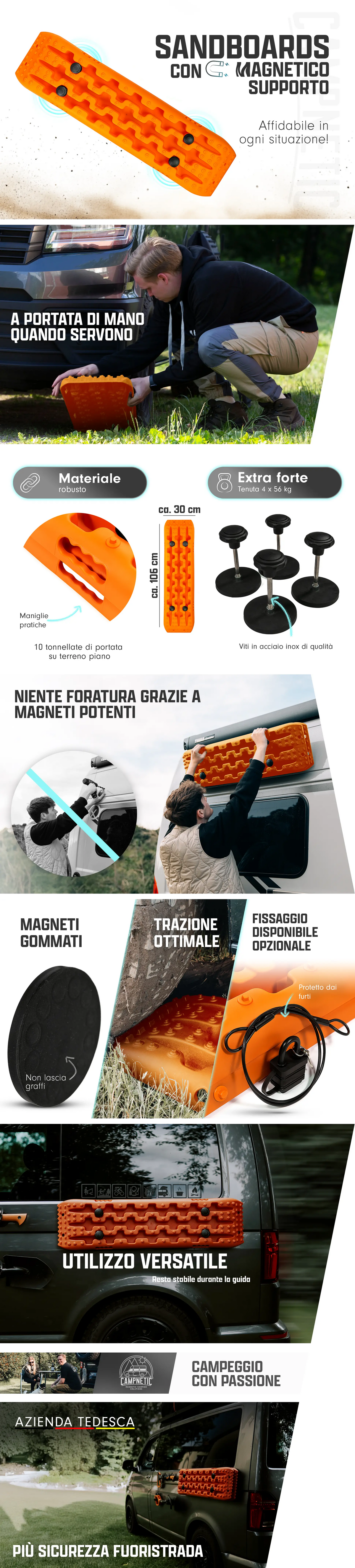 Sandboard arancioni, con supporto magnetico universale e sistema di fissaggio inclusi
