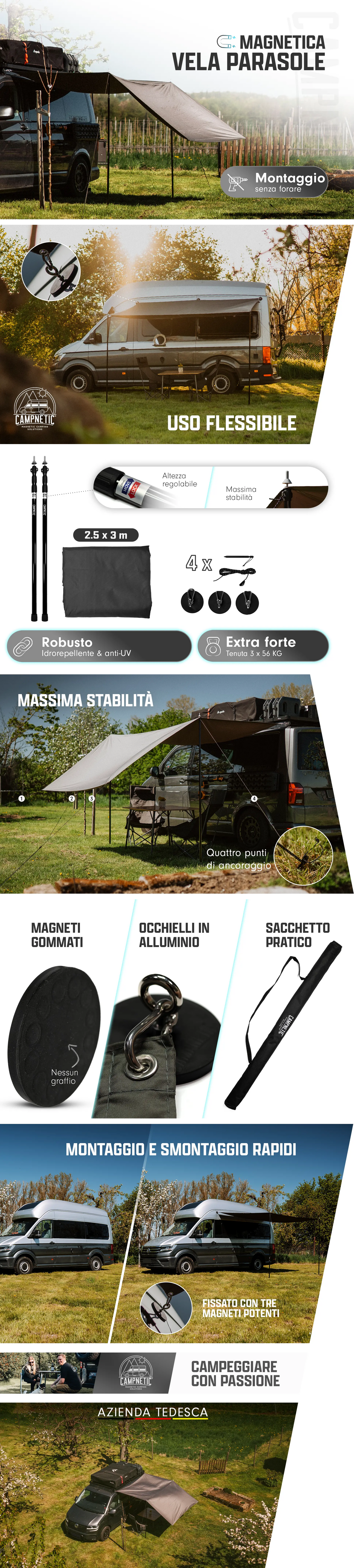 Vela parasole con attacco magnetico 2,5x3m e pali telescopici
