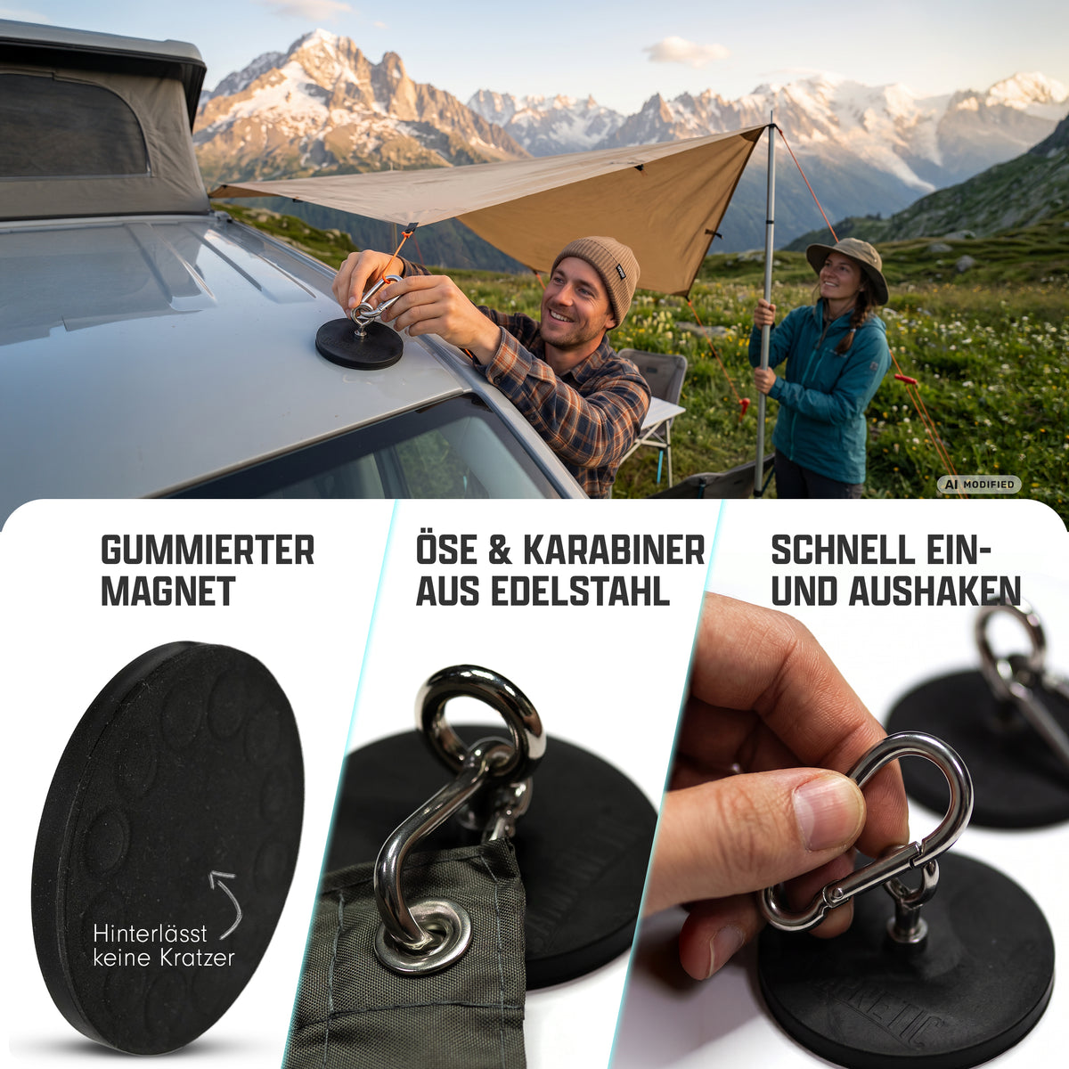 Campnetic Magnete 88 mm mit Öse und Karabiner im Einsatz am Camper