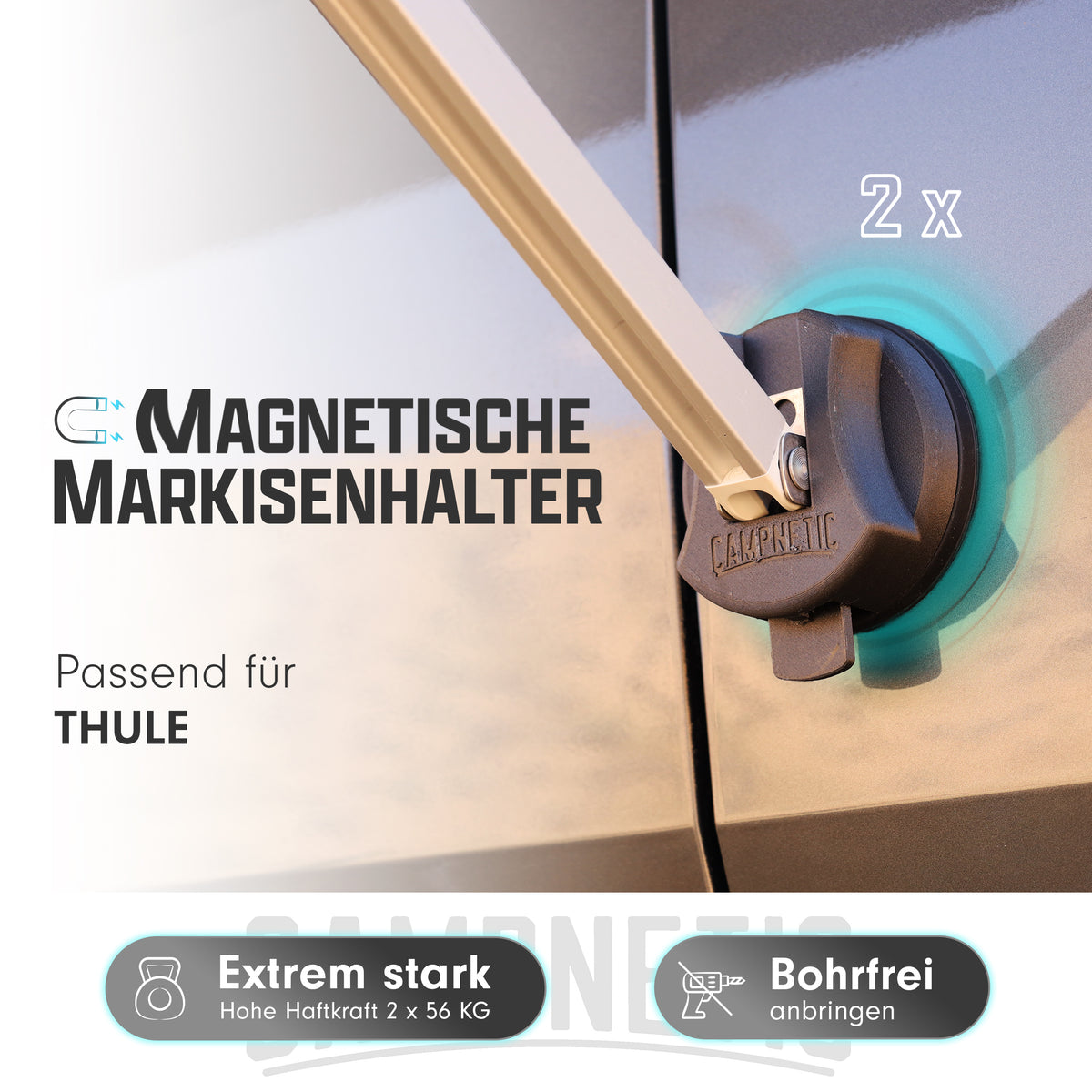 Thule-Markise stabil befestigt mit magnetischer Halterung am Kastenwagen