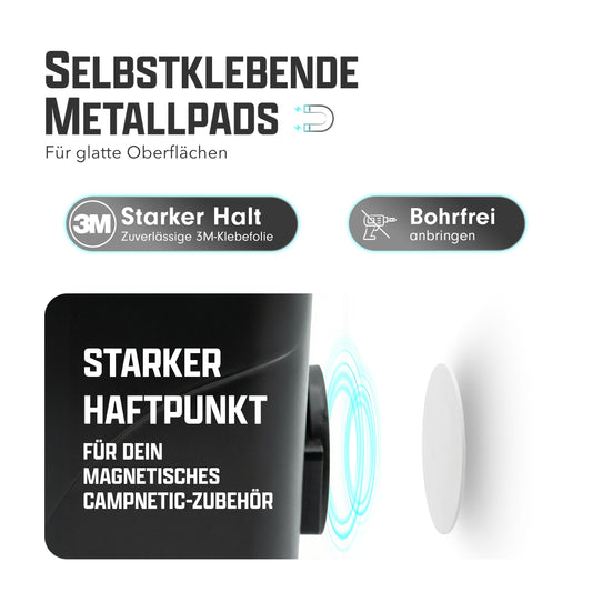 Infografik: Weißes selbstklebendes Metallpad als Haftpunkt für magnetisches Zubehör – für glatte Oberflächen, bohrfrei