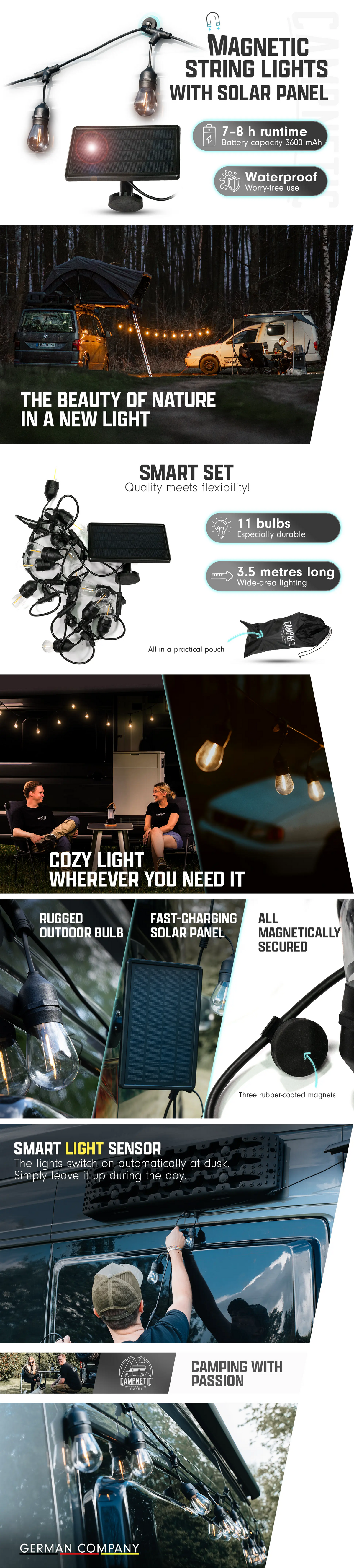 Magnetic camping fairy lights with solar panel