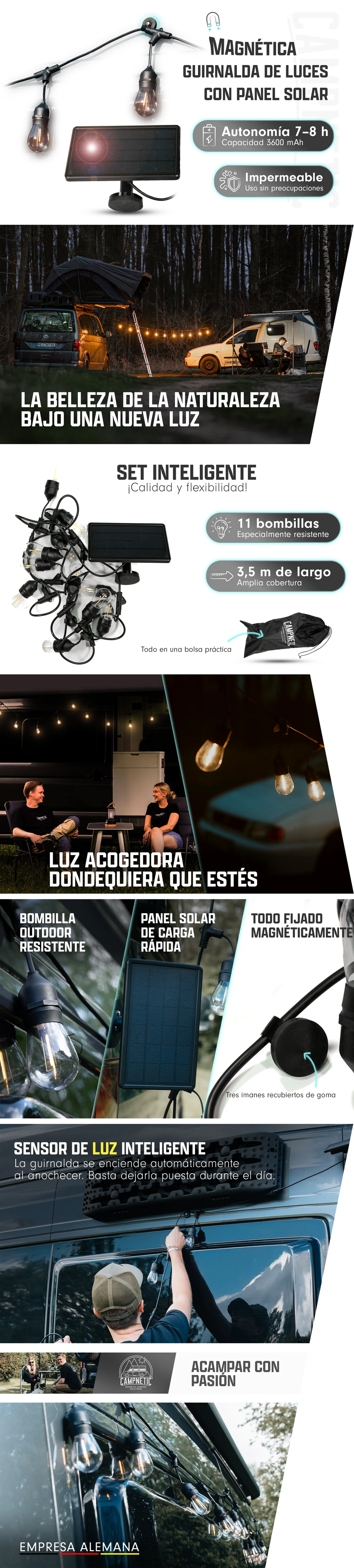 Guirnalda de luces magnética para acampada con panel solar