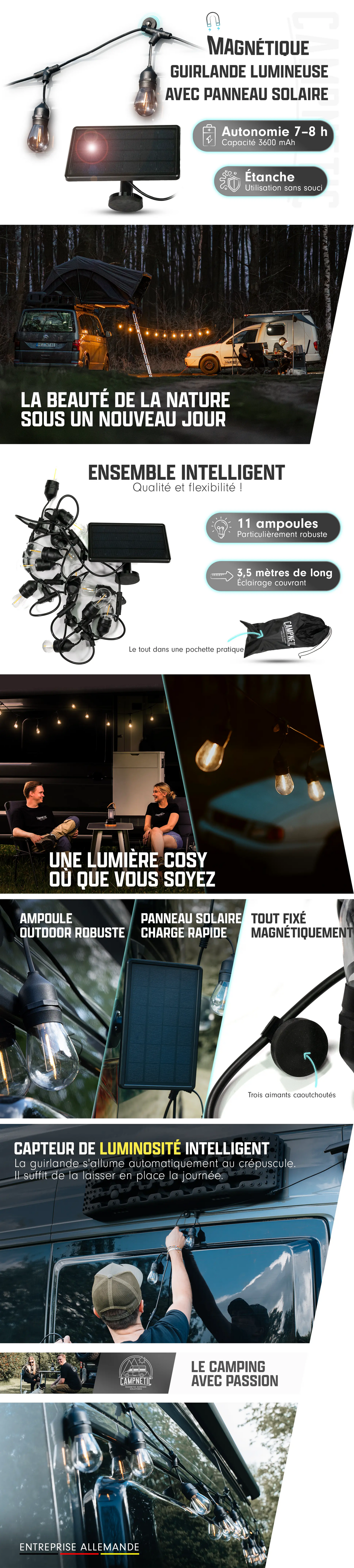 Guirlande lumineuse magnétique de camping avec panneau solaire