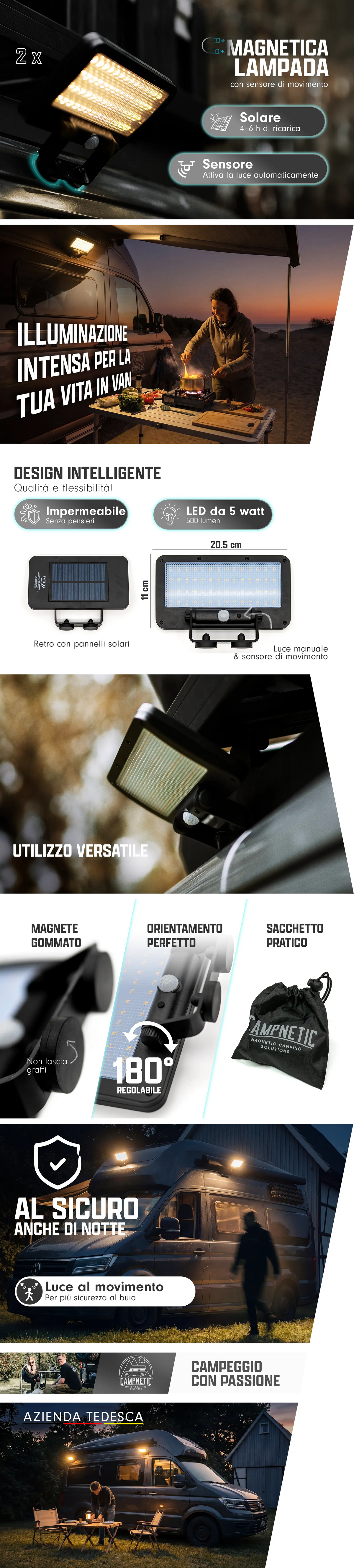 Lampada solare a LED con supporto magnetico e sensore di movimento - Set da 2 pezzi