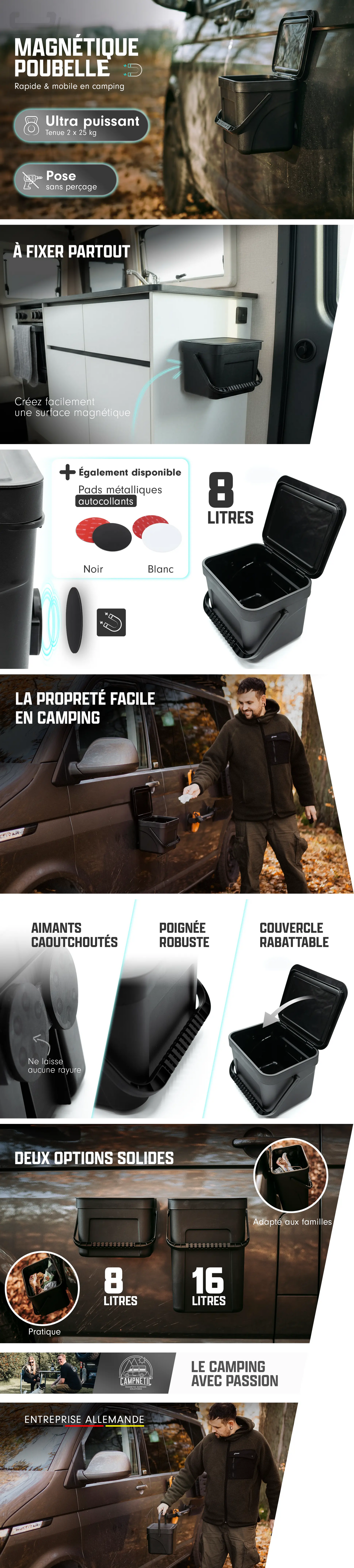 Poubelle magnétique noire 8 l