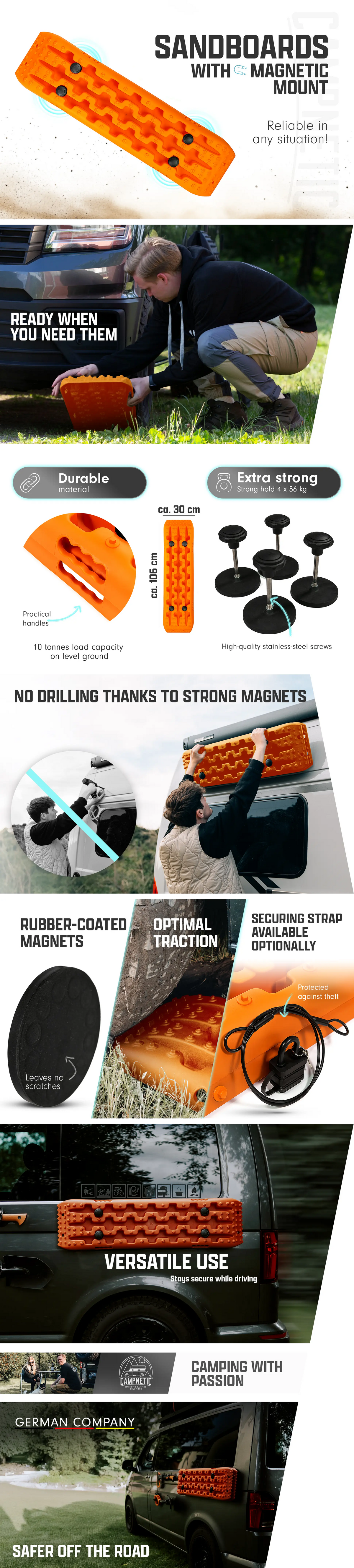 Orange sandboards, including magnetic universal mount & safety strap