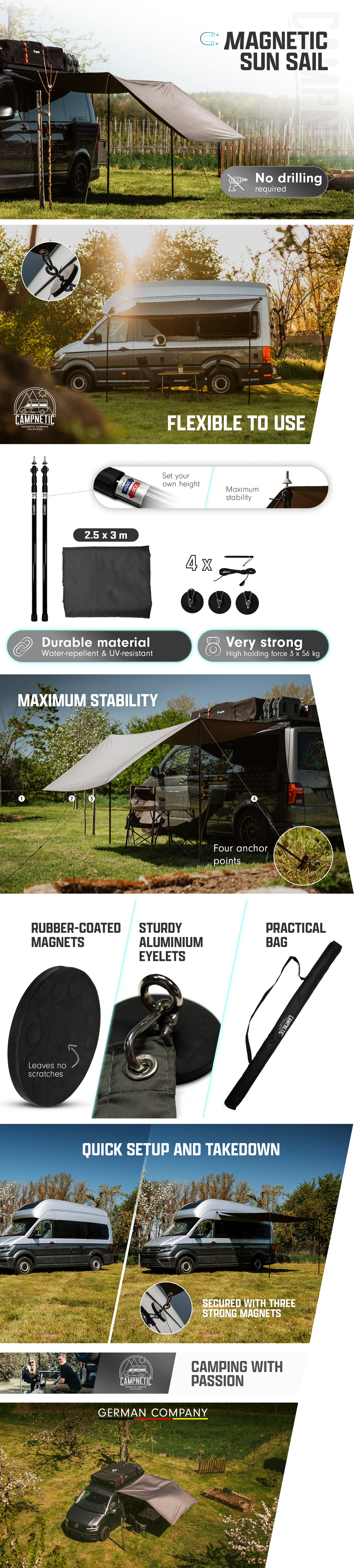 Sunshade with magnetic mount, 2.5 x 3 m, and telescoping poles