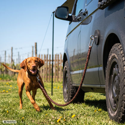 Hund an magnetischer Hundeleinen-Halterung von Campnetic am Van