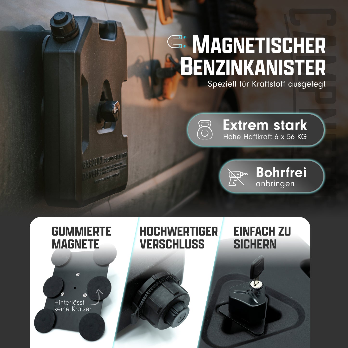 Magnetischer Benzinkanister für Campervan ohne Bohren befestigt