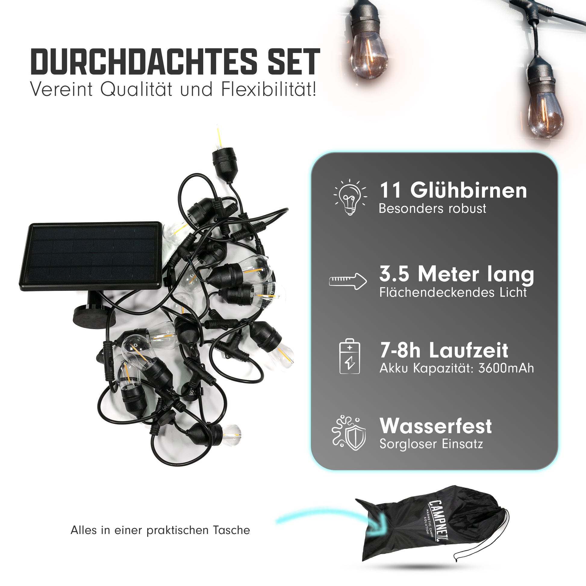 solar lichterkette markise Magnetische Camping LED Lichterkette mit Solarpanel - 3,5m