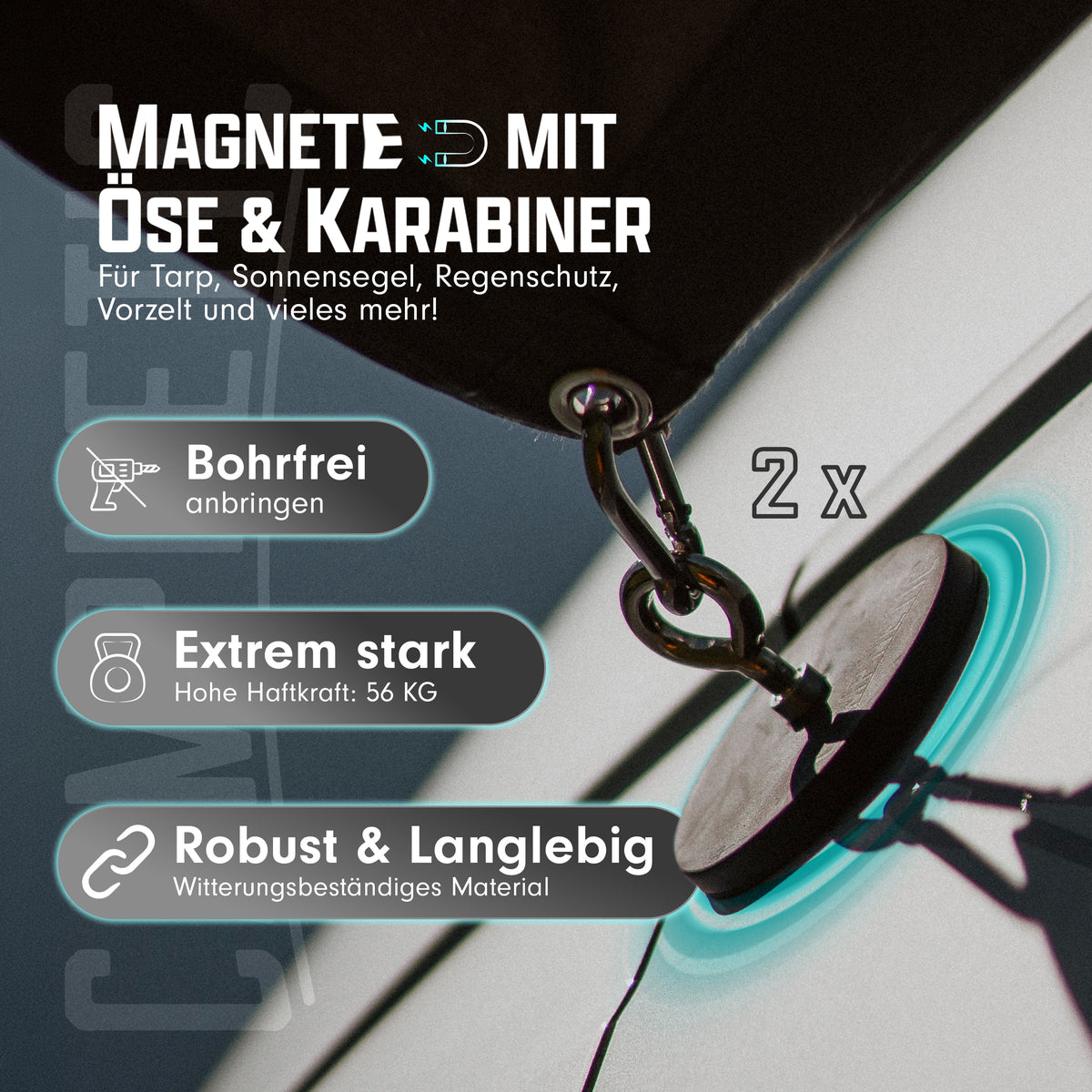 Campnetic Magnete 88 mm mit Öse und Karabiner mit Übersicht der Produktvorteile