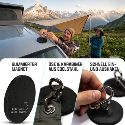 Campnetic Magnete 88 mm mit Öse und Karabiner im Einsatz am Camper