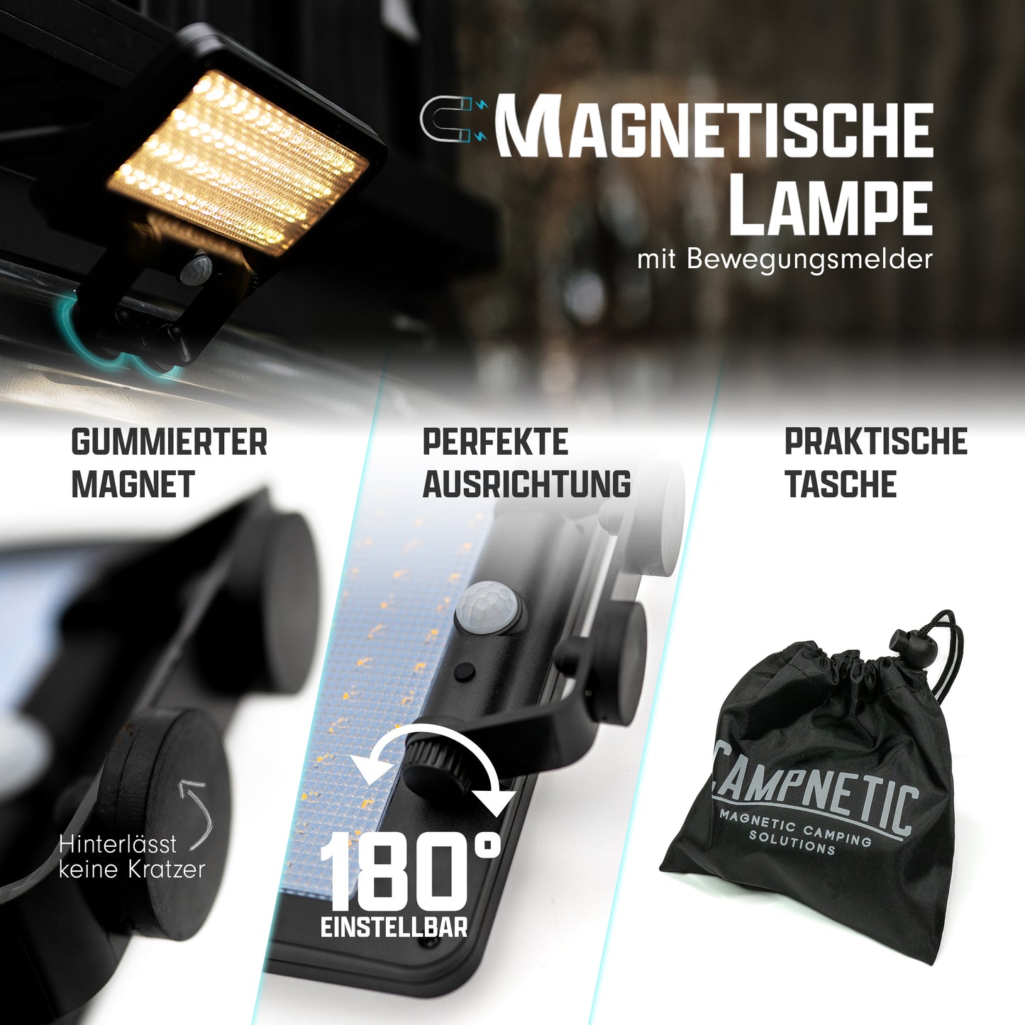 Campnetic Solar Lampe mit Magnethalterung an der Heckklappe eines Vans