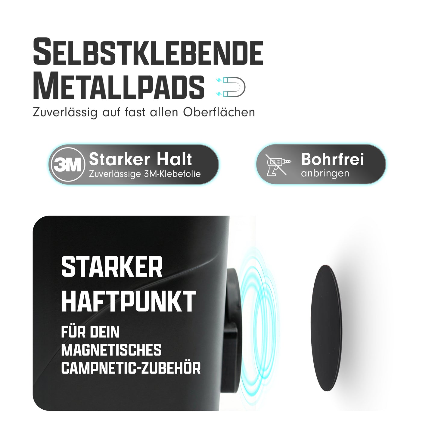 Unauffälliges schwarzes Metallpad für magnetische Campnetic-Lösungen