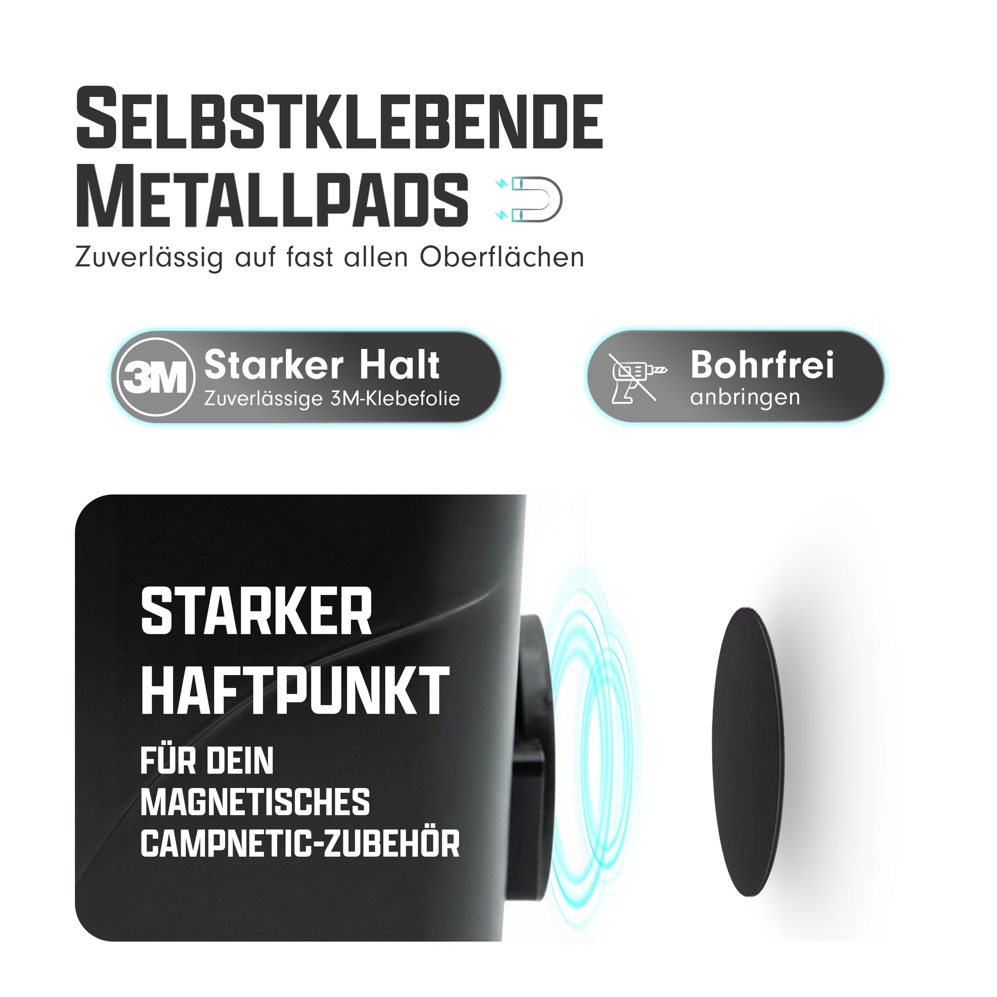 Unauffälliges schwarzes Metallpad für magnetische Campnetic-Lösungen