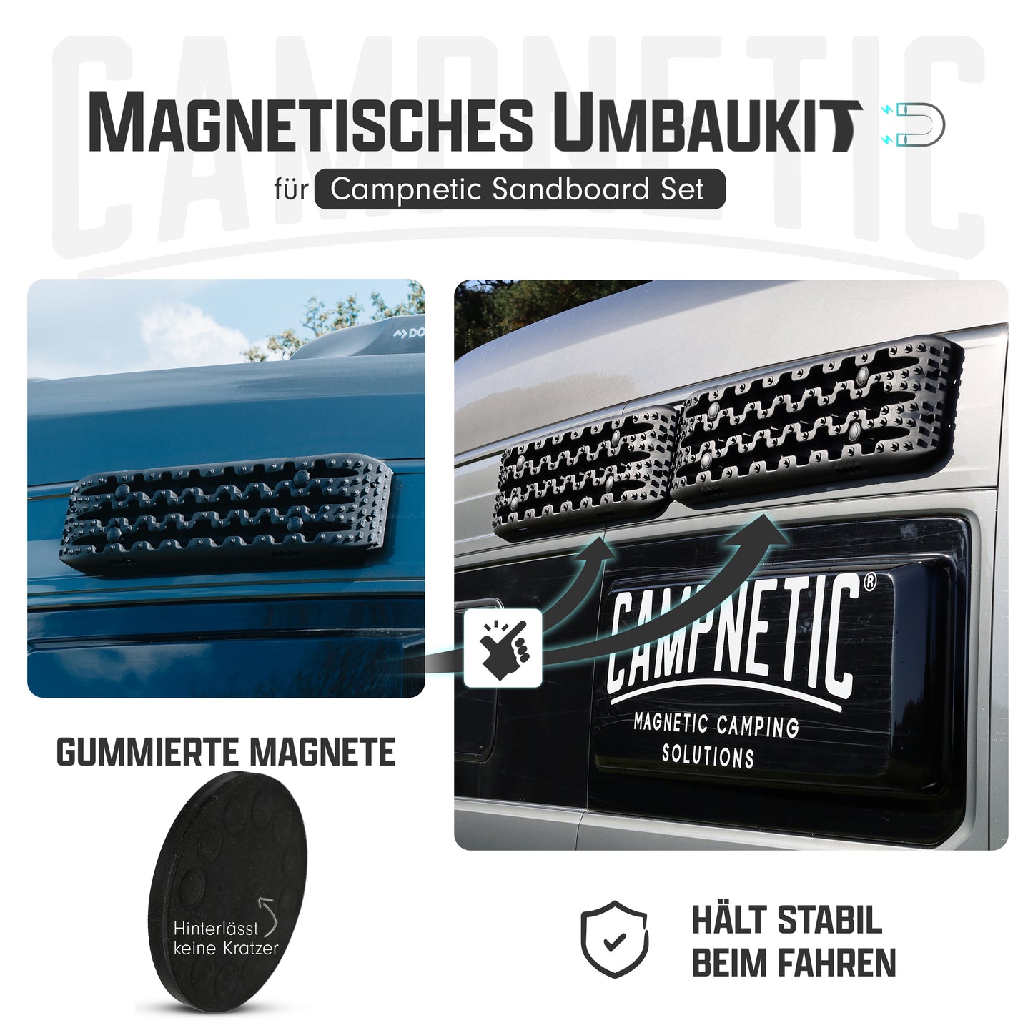 sandbleche magneitsch einzeln am bus befestigen mit dem campnetic umbaukit