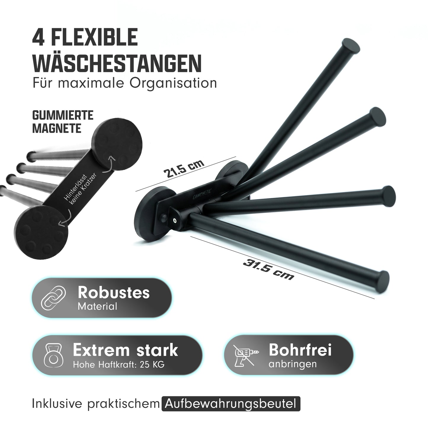 Magnetischer Wäschehalter für Campervan mit flexiblen Wäschestangen beim Camping