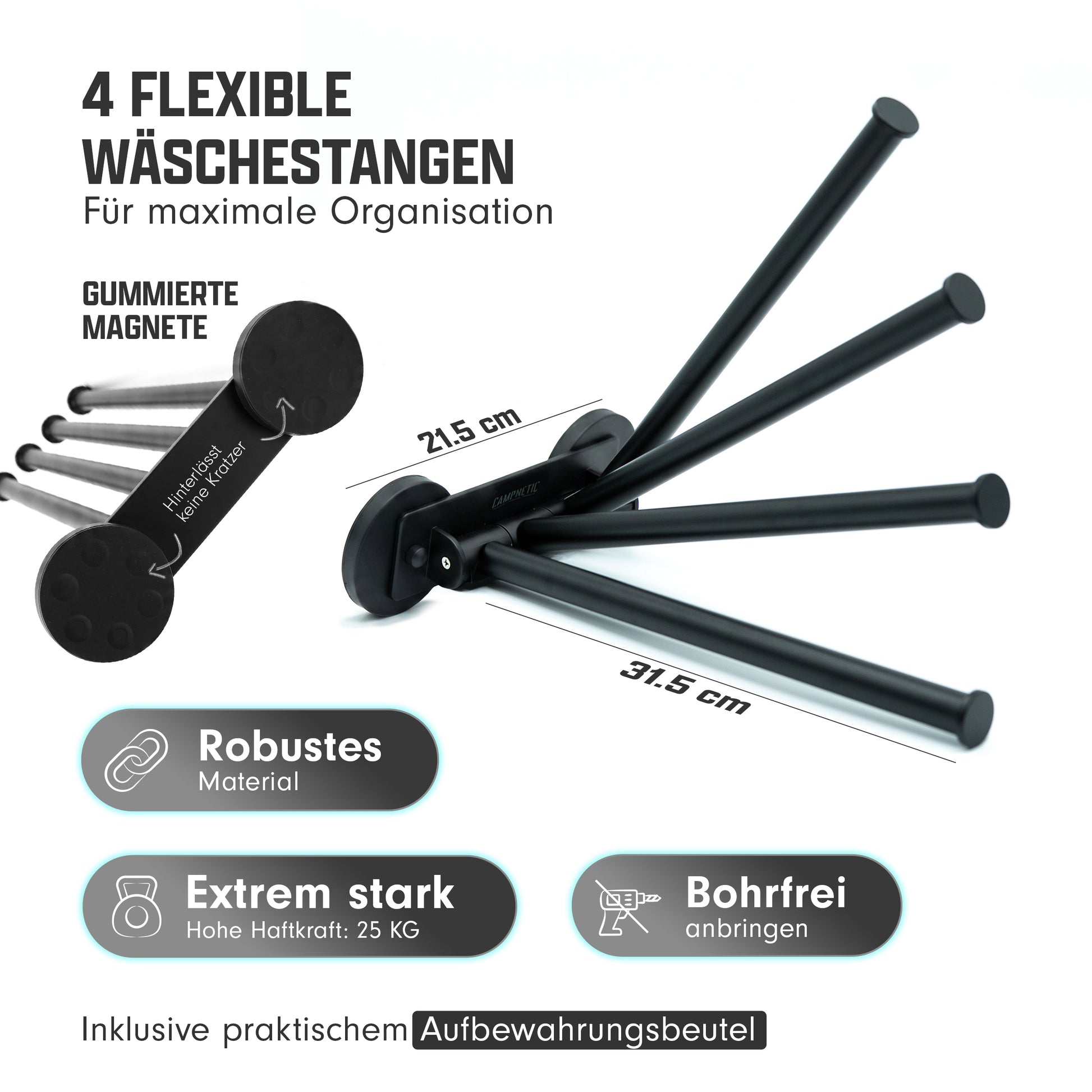 Magnetischer Wäschehalter für Campervan mit flexiblen Wäschestangen beim Camping