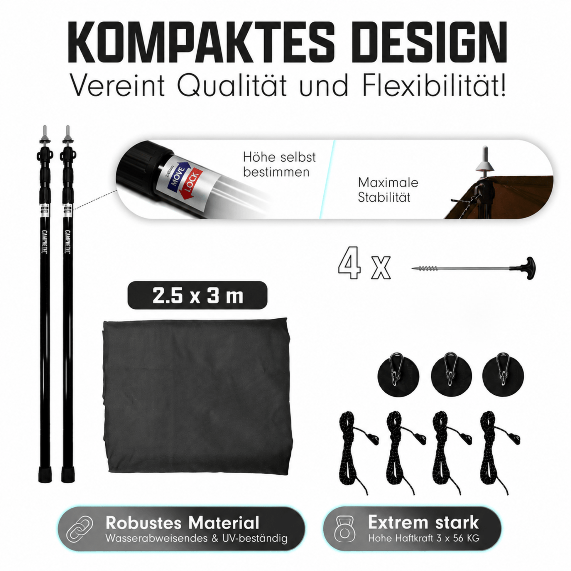 Sonnensegel 2,5×3 m magnetisch inkl. Stangen