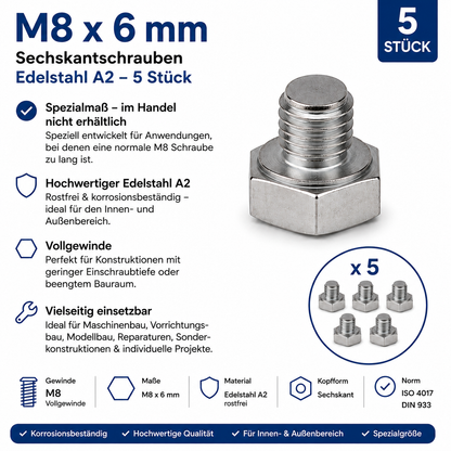 M8x6 Spezialschraube Edelstahl A2 für geringe Einschraubtiefe