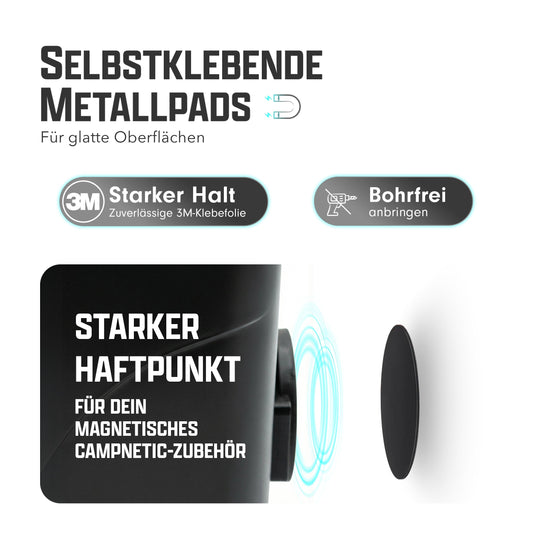 Infografik: Schwarzes selbstklebendes Metallpad als Haftpunkt für magnetisches Zubehör – für glatte Oberflächen, bohrfrei