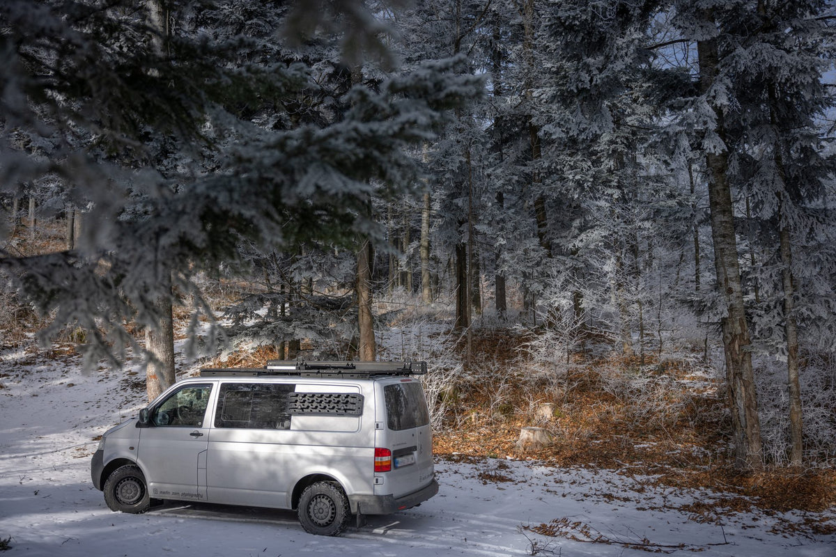 Silberner Van im verschneiten Winterwald